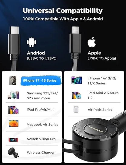 SUPERONE Retractable Car Charger, Small iPhone Car Charger Fast Charging, Car Phone Charger with USB C and Apple Cord, Car Charger Adapter Compatible with iPhone 17/16/15/14/13 Samsung Galaxy and More