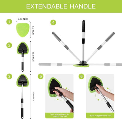 Qydipclin 10pcs Windshield Cleaner Tool, Car Window Cleaning Wash Kit with 4 Reusable Microfiber Pads 1 Spray Bottle and Extendable Handle Auto Glass Wiper Kit, Green