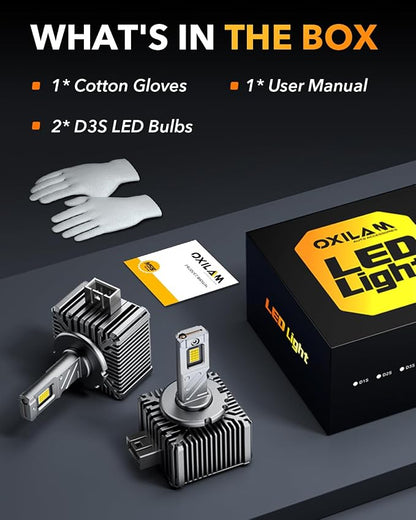 OXILAM 2025 Latest D3S D3R LED Bulbs, 900% Ultra-Bright 60W, 6500K Pure White Brighter Than Xenon, Easy Plug-N-Play Installation, 20 Years Lifespan, No Flicker, 99% Compatibility