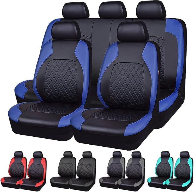 Universal Deluxe Pu Luxury Vinyl Faux Leather Car Seat Covers Full Set, Airbag Compatible, Breathable, Fit for Cars, Trucks, SUV (Black and Blue)