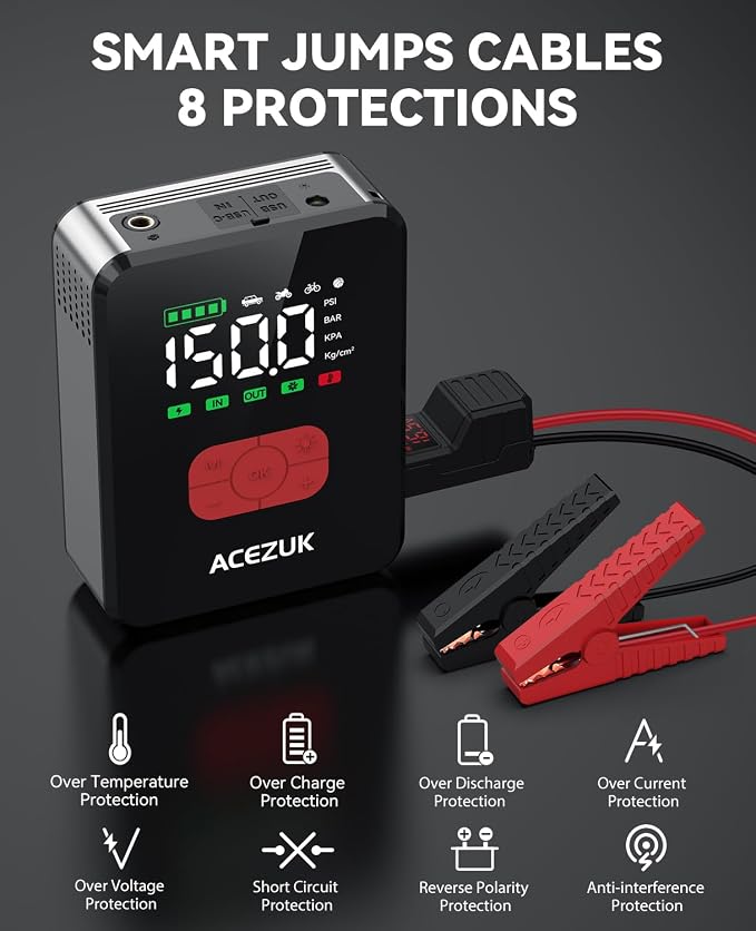 Jump Starter with Air Compressor, 8000A 150PSI Portable Car Jump Starter, 12V Jump Start Pack (All Gas/12L Diesel),Portable Car Jump Starter with Smart Jump Cables, LED Lights