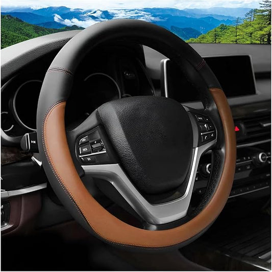 Car Steering Wheel Cover, 14.5"-15" Leather Anti-Slip Sporty Vehicle Steering Wheel Protector, Soft Breathable Auto Interior Decoration Accessories, Universal for SUV Truck Sedan (Coffee)