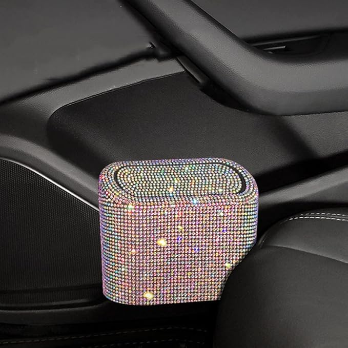 Bling Rhinestone Car Trash Can, Black, Swing-Lid