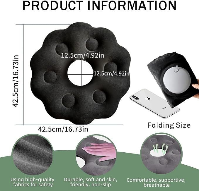 OULIGET Inflatable Donut Cushion Seat,Portable Press Inflation Hemorrhoid Pillow,Flocking Cushion for Home Car Wheelchairs Office Plane,Pressure Relief for Sciatica Back Coccyx (Black)
