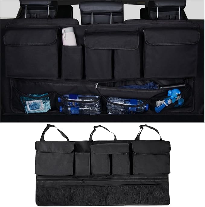 Mandark Car Trunk Organizer, Super Capacity Vehicle Hanging Backseat Cargo Storage Bag with Robust Elastic Net, Detachable Auto Seat Back Organizing Bag, Universal for SUV, Truck, RV（Black/Black）