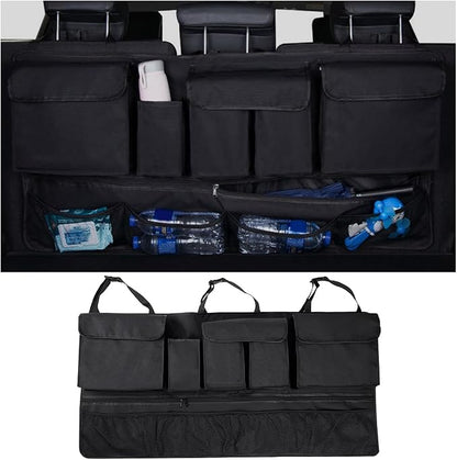 Mandark Car Trunk Organizer, Super Capacity Vehicle Hanging Backseat Cargo Storage Bag with Robust Elastic Net, Detachable Auto Seat Back Organizing Bag, Universal for SUV, Truck, RV（Black/Black）