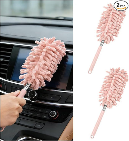 Zpana 2PCS Car Interior Duster with Extension Pole, Soft Chenille Retractable Washable Dash Detailing Cleaner, Auto Window Cleaning Brush Duster for Interior Exterior, Universal Fit (Pink)
