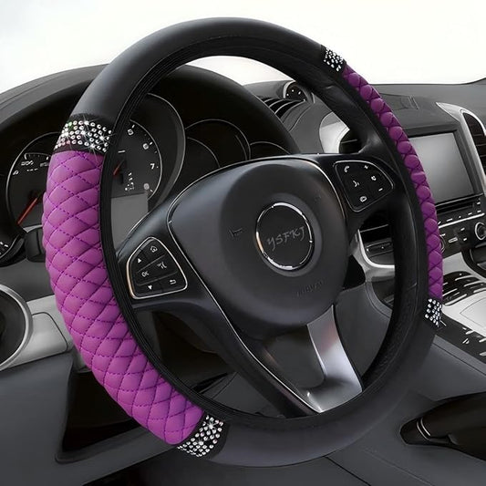 Soft Leather Car Steering Wheel Cover, Universal 15 Inch Colorful Rhinestones Anti-Slip Elastic Steering Wheel Covers for Most Cars, Sparkly Crystal Diamond for Women Girls (Purple)