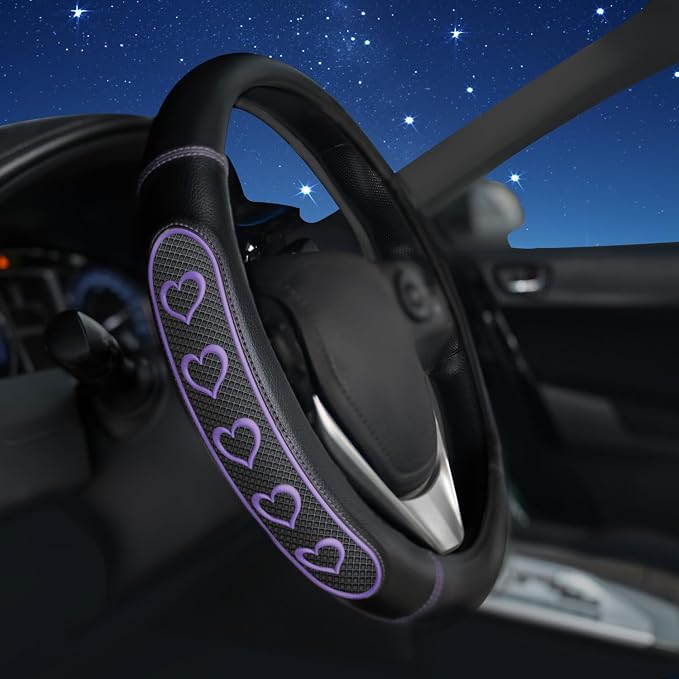 Ventilated Heart-Shaped Steering Wheel Cover with Anti-Slip Leather Grip. Compatible with Ford, Toyota, Honda, Nissan, and Chevrolet Vehicles for 14.5-15.2 inch Round Steering Wheels.