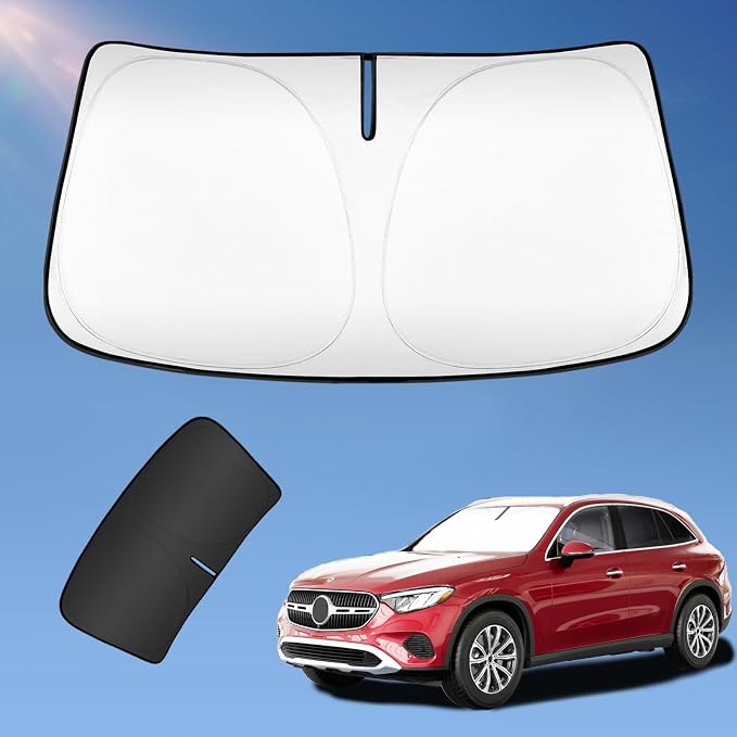 Sun Shade Sunshade for Mercedes Benz GLC 260 GLC 300 GLK-Class 2023-2025 2026 Windshield Cover, 4-Layers Sun Shield 250T Silver Coating Sun Visor Foldable Window Shade Blocks UV Rays Car Accessories