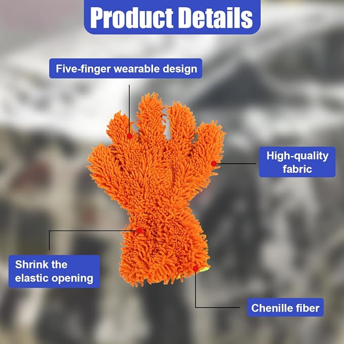 2PCS Car Wash Mitts, Double Sided Chenille Microfiber Dusting Gloves with 5-Finger Design, Anti-Scratch Auto Interior Exterior Detailing Mitt for Cleaning Wheel Tight Spot (Orange)