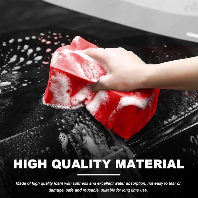 Car Wash Sponge, Large Scratch-Free Cross Cut Sponge for Soap and Rinseless Washing, Durable Ultra Soft Foam Grid Extra Absorbent Car Cleaning Sponge Pad, Car Accessories (Red)