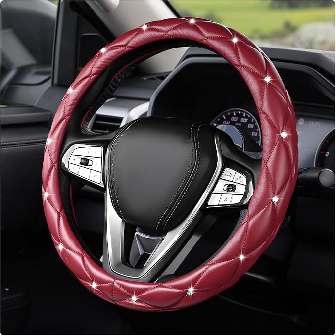 Bling Car Steering Wheel Cover, 15 Inch Diamond Leather Anti-Slip Auto Steering Wheel Protector, Cute Sparkly Rhinestones Wheels Cover Automotive Decoration for Women Girl (Wine Red)
