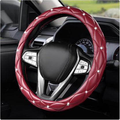Bling Car Steering Wheel Cover, 15 Inch Diamond Leather Anti-Slip Auto Steering Wheel Protector, Cute Sparkly Rhinestones Wheels Cover Automotive Decoration for Women Girl (Wine Red)