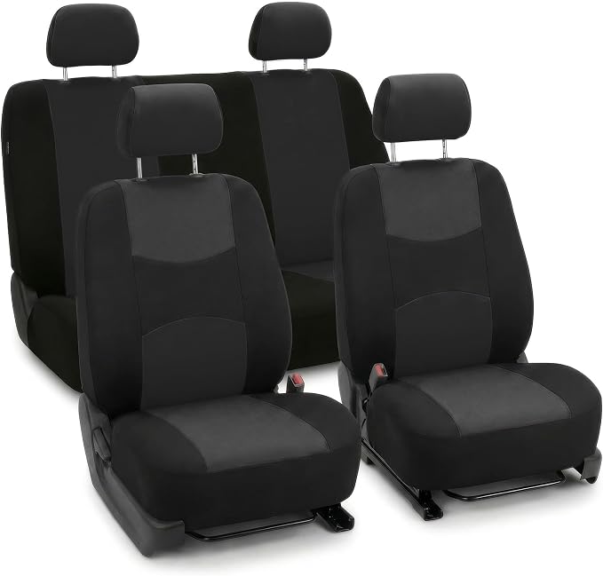 FH Group Bright Flat Cloth Full Set Automotive Seat Covers Front Set and Rear Solid Bench Black Seat Covers w. Gift Universal Fit Interior Accessories for Cars Trucks and SUVs