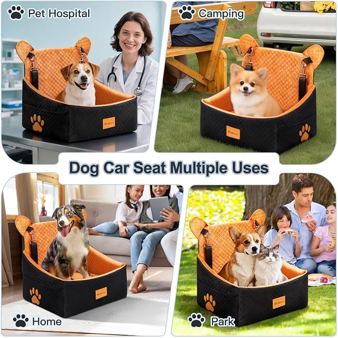 Dog car Seats for Small/Medium Dogs up to 33lbs- Washable, Waterproof, Dog Booster & car Seats with 2 Easy-Install Safety Belts, Non-Slip Base & Storage Pocket(Brown Black).