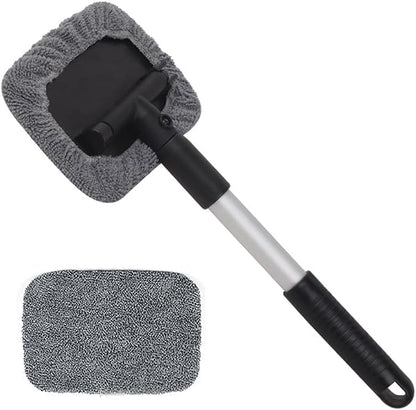 Windshield Window Cleaner Tool, Windshied Car Window Cleaner with Extendable Handle, Car Glass Cleaning Brush with Reusable Microfiber Pads(1 Set)