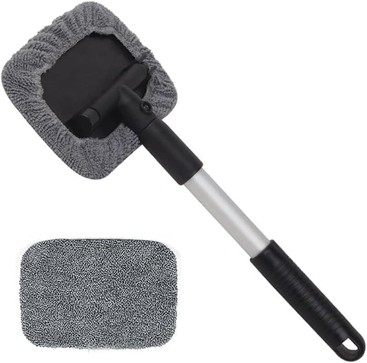 Windshield Window Cleaner Tool, Windshied Car Window Cleaner with Extendable Handle, Car Glass Cleaning Brush with Reusable Microfiber Pads(1 Set)