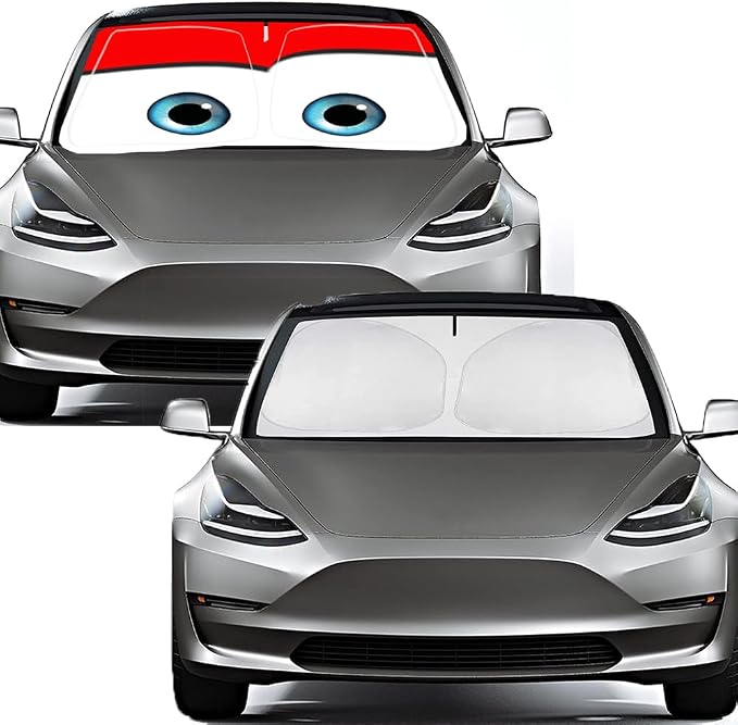 Gven Windshield Sun Shade for 2017-2026 Tesla Model Y/Model 3 Sunshade Accessories Foldable Sunshade (Fit 2025-2026 Model Y Juniper/ 2024 Model 3 Highland) Blocks UV Rays Keep Car Cool (Red)