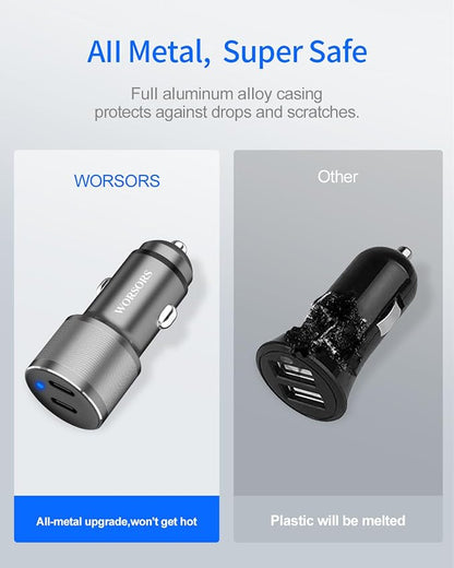 Dual 45W USB C Car Charger, 90W Max Super Fast Charging, All Metal 12V Cigarette Lighter Adapter for iPhone 17 Pro Max/16/15/iPad, Samsung Galaxy S26+/S25, Google Phones with 2 Type C Cable 3.3ft Gray