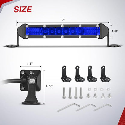 Nilight Slim LED Light Bar 2Pcs 7 Inch 16LED Single Row Spot Flood Combo Blue Off Road Driving Fog Fishing Hunting Emergency Safety Signal Lighting for 12V 24V ATV UTV Pickup Truck Tractor Boat
