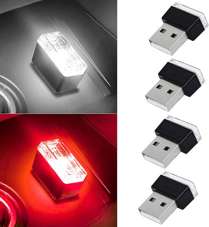 4 PCS USB LED Car Interior Atmosphere Lamp, Portable Mini Auto LED Decor Night Light, Plug-in USB Interface Ambient Lighting Kit, Universal Car Interior Accessories(White+Red)