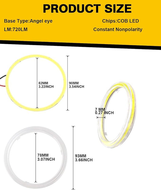 Qasim 1 Pair 90MM 66SMD COB LED for Angel Eyes Halo Ring DRL LED Fog Light Lamp with Cover White 12V 24V DC