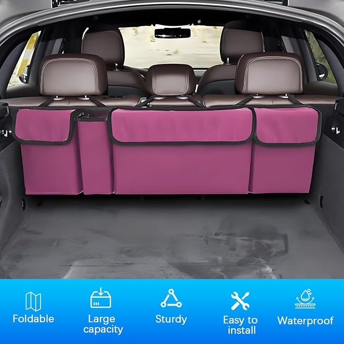 Car Trunk Organizer with Lid, Large Waterproof Vehicle Backseat Hanging Storage Bag with 4 Pockets & Adjustable Straps, Collapsible Automotive Interior Cargo Bag, Universal Fit (Purple)