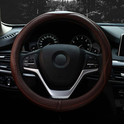 Valleycomfy Steering Wheel Covers Universal 15 inch - Genuine Leather, Breathable, Anti Slip & Odor Free (Coffee, M(14" 1/2-15" 1/4))