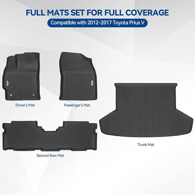 Custom Fit Floor Mats for Toyota Prius V 2012-2017, All Weather TPE Floor Liners with Trunk Mat, Odorless Full Set Interior Accessories