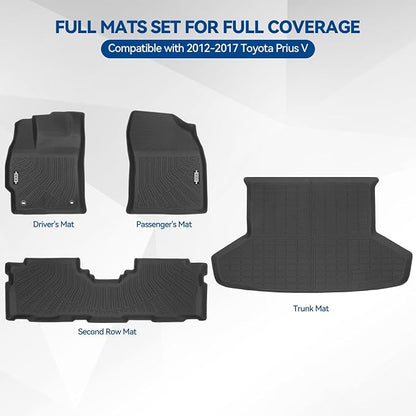 Custom Fit Floor Mats for Toyota Prius V 2012-2017, All Weather TPE Floor Liners with Trunk Mat, Odorless Full Set Interior Accessories