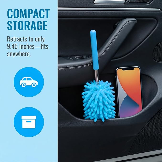 2PCS Car Interior Duster with Extension Pole, 9.45" to 28.35" Microfiber Soft Vehicle Dash Dusting Detailing Wash Brushes, Automotive Dash Cleaning Tool, Universal for SUV RV Truck (Blue)