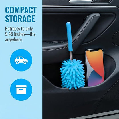 2PCS Car Interior Duster with Extension Pole, 9.45" to 28.35" Microfiber Soft Vehicle Dash Dusting Detailing Wash Brushes, Automotive Dash Cleaning Tool, Universal for SUV RV Truck (Blue)