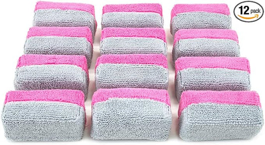 Autofiber [Saver Applicator Terry] Ceramic Coating Applicator Sponge | 12 Pack | with Plastic Barrier to Reduce Product Waste. (Pink/Gray, Mini)