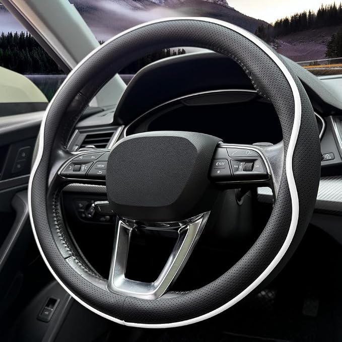 HAOTULE Leather Steering Wheel Cover， with Anti-Slip Stripe Design - Enhanced Grip, Fashion Style, Safe, Non-Slip, Breathable. Upgrade car Interior，Black White