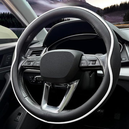 HAOTULE Leather Steering Wheel Cover， with Anti-Slip Stripe Design - Enhanced Grip, Fashion Style, Safe, Non-Slip, Breathable. Upgrade car Interior，Black White
