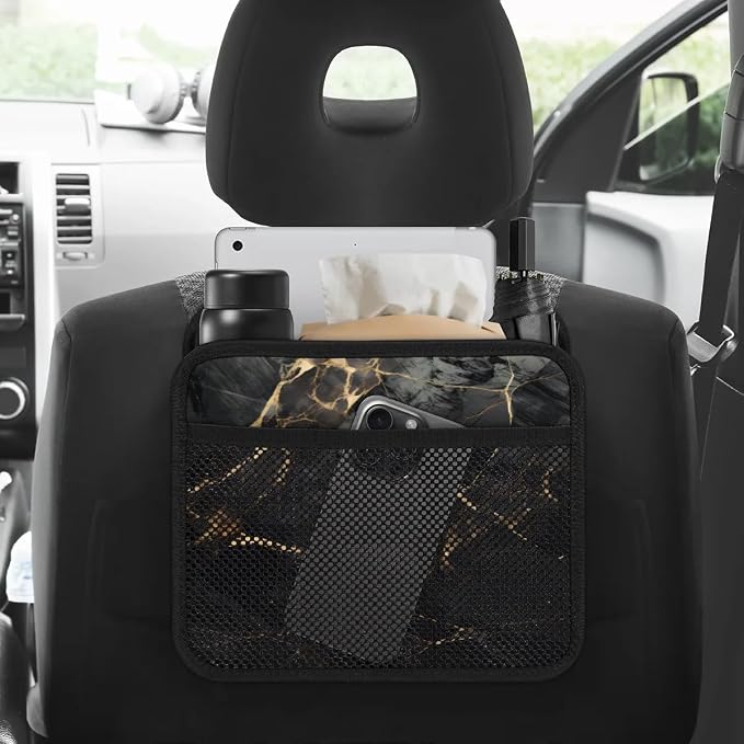 Car Backseat Organizer, PU Leather Back of Seat Cars Hanging Organizer with Pockets Leakproof Car Garbage Bag Hanging Cars Seat Storage Box Travel Accessories Foldable (Marble Black)