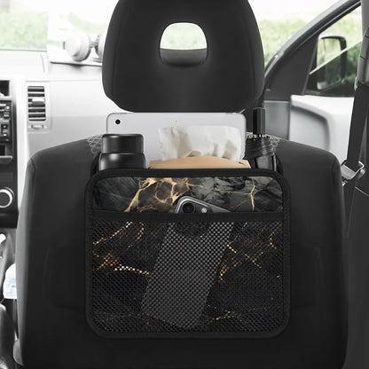 Car Backseat Organizer, PU Leather Back of Seat Cars Hanging Organizer with Pockets Leakproof Car Garbage Bag Hanging Cars Seat Storage Box Travel Accessories Foldable (Marble Black)