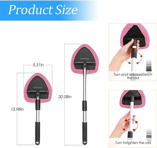 Windshield Cleaning Tool, Car Window Cleaner with Extendable Long Handle and 4 Washable Reusable Microfiber Pads, Auto Interior Exterior Glass Wiper Cleaning Kit Universal for Office and Home (Pink)