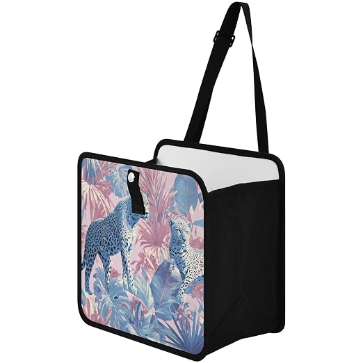 Car Trash Can Organizer Bin with Adjustable Strap for Back Front Seat Console Waterproof Leakproof Collapsible Portable 8.66 Inch Cute Cheetah and Palm Leaves