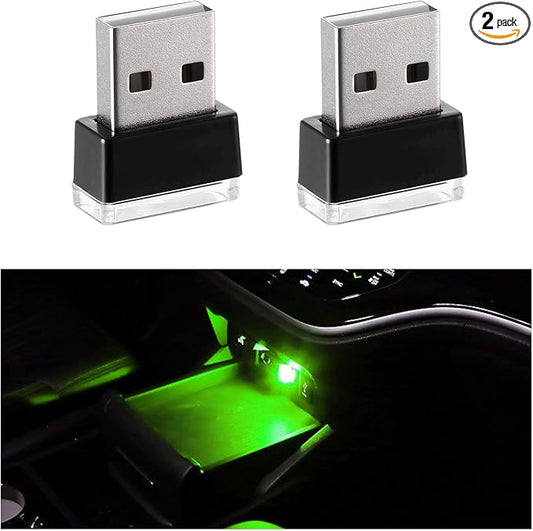 2 PCS USB LED Car Interior Atmosphere Lamp, Portable Mini LED Night Light, Plug-in USB Interface Trunk Ambient Lighting Kit, Universal Interior Car Accessories (Green)