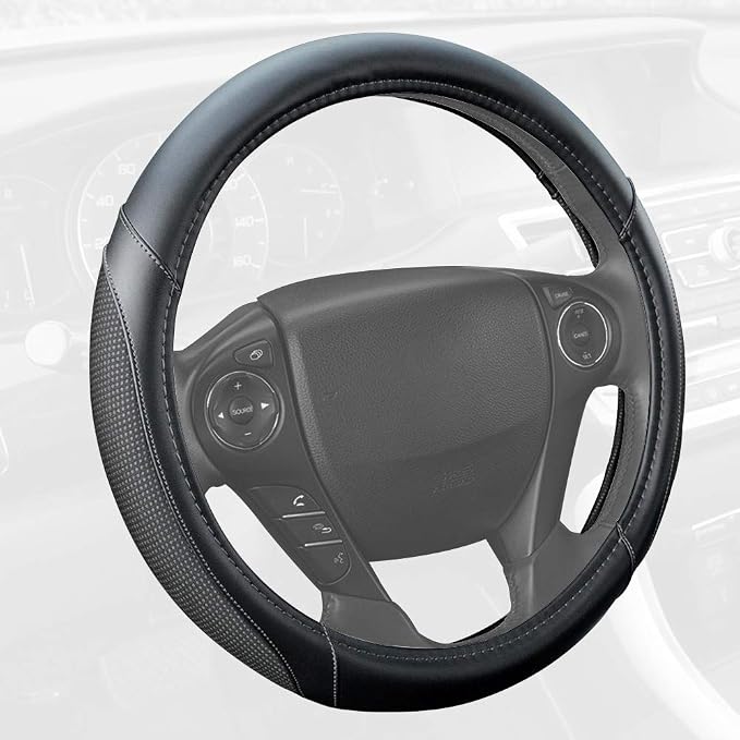 Motor Trend White Steering Wheel Cover - Dotted Comfort Polyester Grip on Stitched Synthetic Leather, White/Black