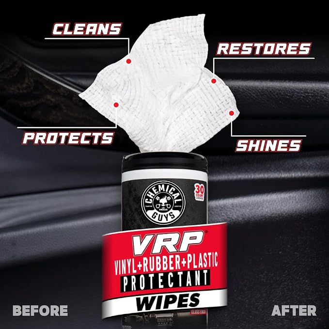 Chemical Guys VRP, Vinyl, Rubber, Plastic, Shine & Protectant Canister Wipes, Great For Cars, Trucks, SUVs, RVs, & More (30 Ct) - PMWCTVD10730