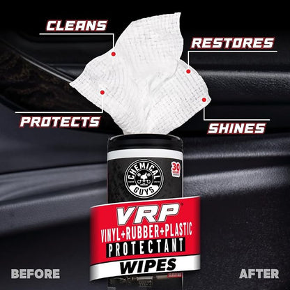 Chemical Guys VRP, Vinyl, Rubber, Plastic, Shine & Protectant Canister Wipes, Great For Cars, Trucks, SUVs, RVs, & More (30 Ct) - PMWCTVD10730