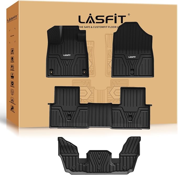 LASFIT Floor Mats for Honda Pilot 2023 2024 2025 2026 (7&8 Seats), All Weather Custom Fit TPE Odorless Anti-Slip Floor Liner 1st & 2nd & 3rd Row, Black