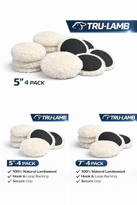 Lambs Wool Polishing Pads Sheepskin Buffing Pads with Hook and Loop Cutting Pad (4 Pack, 7Inch)