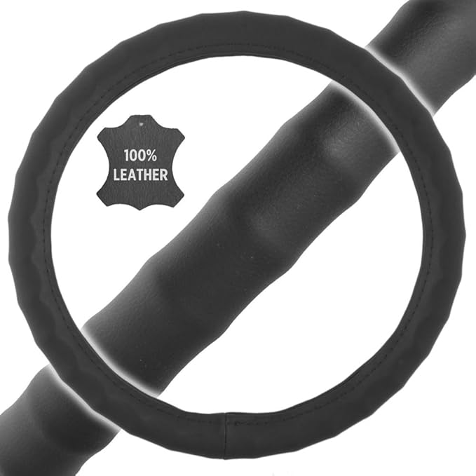 BDK Genuine Leather Ergonomic Non-Slip Grip Car Steering Wheel Cover Standard Size 14.5 to 15 inch