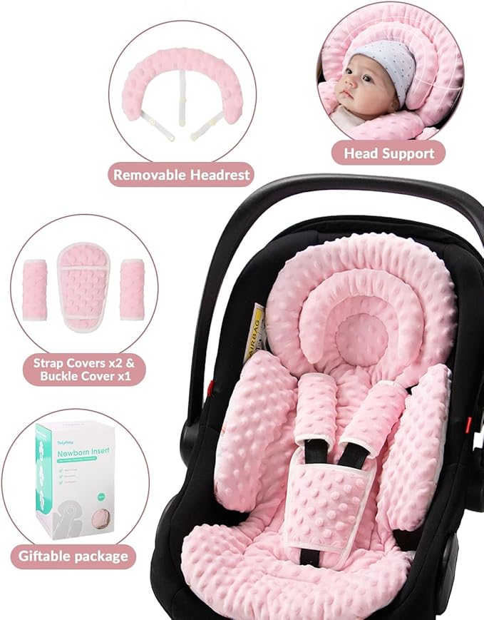 TinlyFinly Infant Car Seat Insert with Extra Cushion for Preemie to Toddler, Reversible Newborn Carseat Insert for Baby Head Body Support, Fits for Stroller, Baby Swing, Bouncer - Dots, Pink