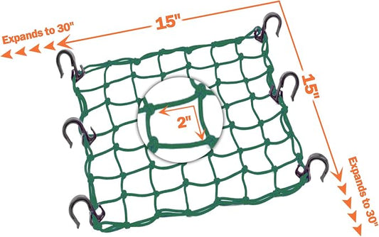 Small Cargo Net 15"x15" Stretches to 30"x30" with Thicken Hooks | Natural Latex Core, Tight 2”x2” Mesh Heavy Duty Bungee Net for Motorcycle Helmet, Bike, ATV, UTV, Luggage (Army Green, 2 Pack)