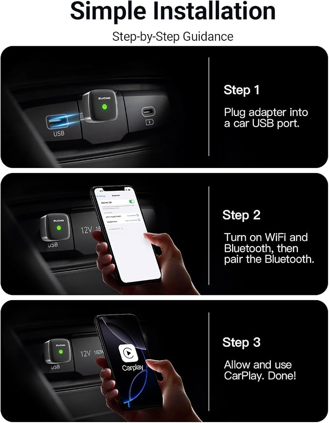 ZUCWO Mini Wireless CarPlay Adapter for Carplay and Android Auto 2-in-1 Mini USB Design for Cars, Plug and Play Converts Wired to Wireless CarPlay for iOS10+ / Android 11+